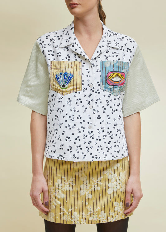 short sleeves shirt in cotton and silk black and white with embroidered pockets by atelier ferdinando fusco sorrento