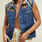 EMBROIDERED DENIM VEST WITH COLORFUL BEADS AND SNAKESKIN LEATHER HAND MADE BY ARTIST FERDINANDO FUSCO SORRENTO