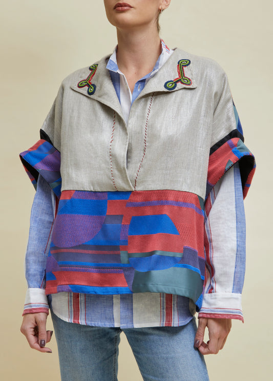 embroidered kimono in beige linen and geometric printed silk in red and blue by atelier ferdinando fusco sorrento
