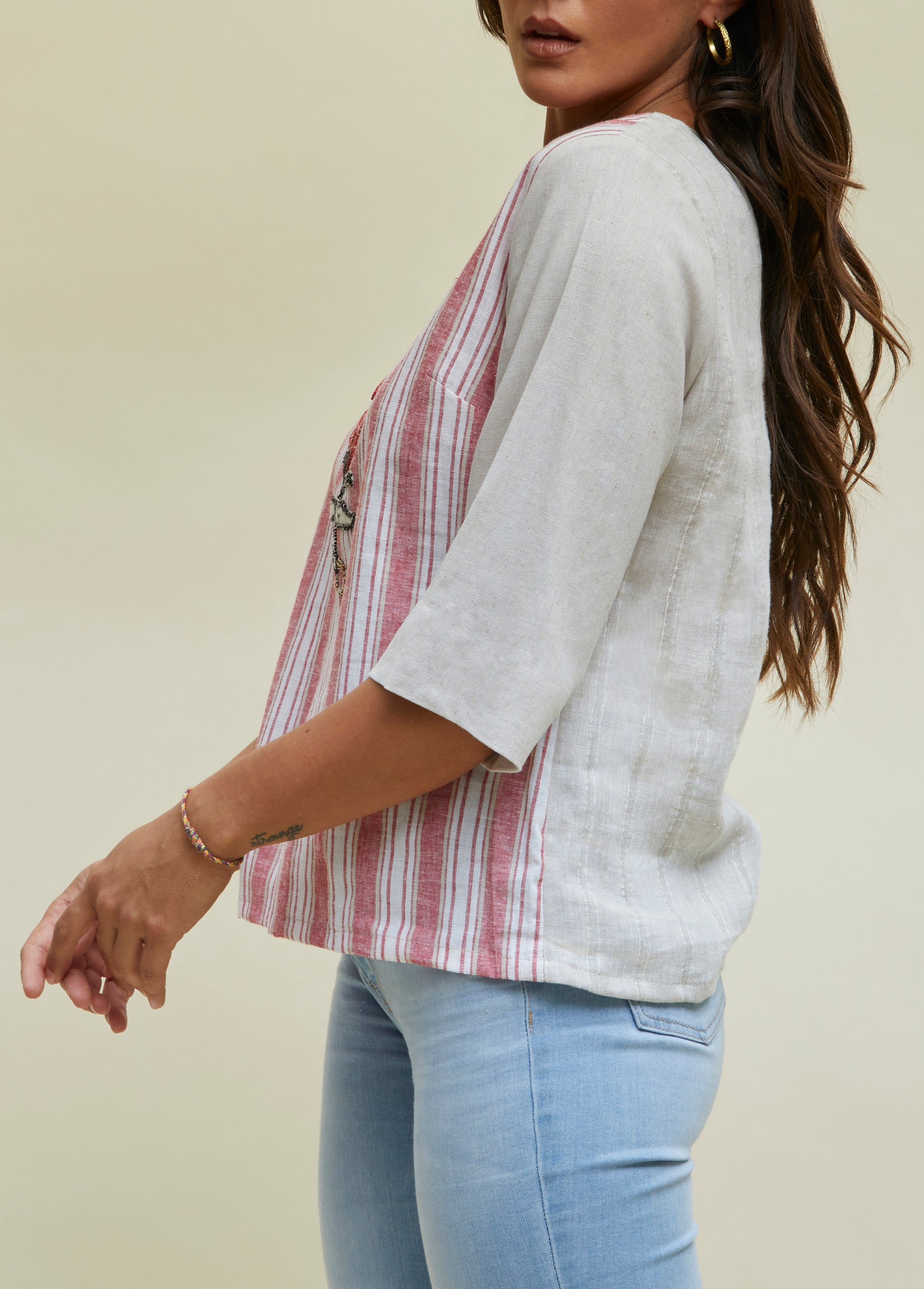 embroidered linen blouse in beige and red stripes by sartoria ferdinando fusco sorrento